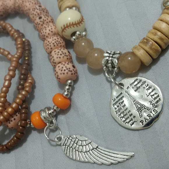 5 pc Stretch Bracelets Boho Wood Beads Versatile Mix & Match Charm Paris Feather - Picture 14 of 14